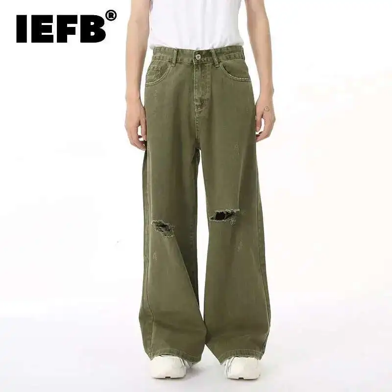 IEFB Men's Jean Vintage New Fashion Men Wear Hole Design Simple Solid Color Autumn Korean Straight Denim Pants Green 9C6950