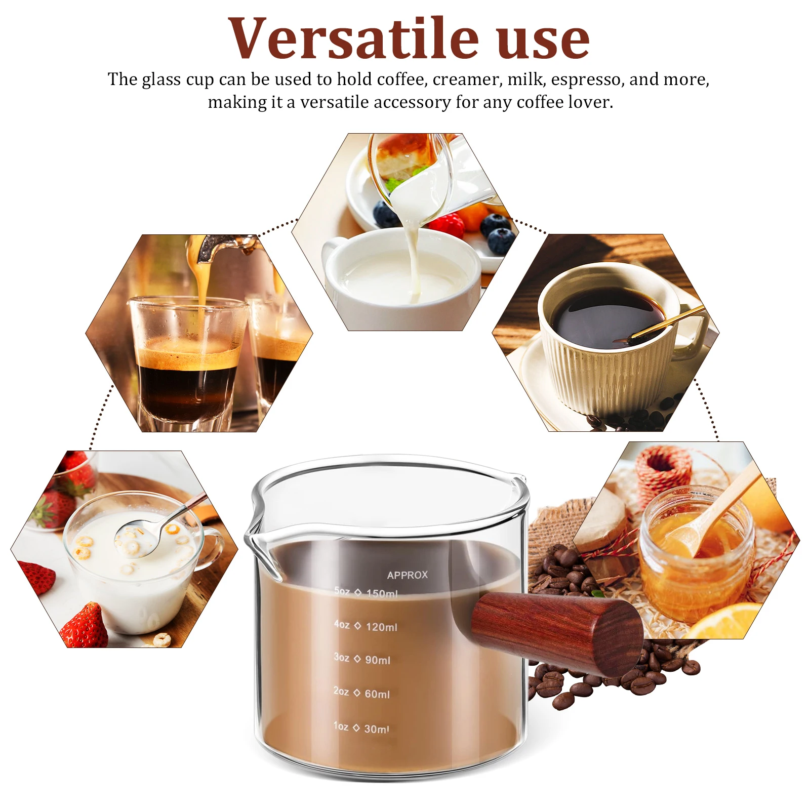 

2Pcs Glass Espresso Measuring Cups Wood Handle Double Spout Accurate Markings Coffee Creamer Pitchers Espresso Measuring Cup