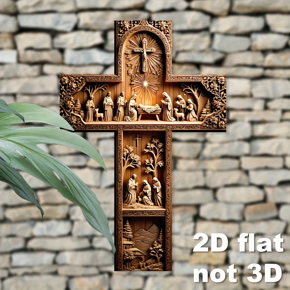 1Pc 2D Flat Vintage Jesus Wooden Wall Decoration Cross Christmas Scene with Nativity Shepherds Easter Holiday Party Decoration