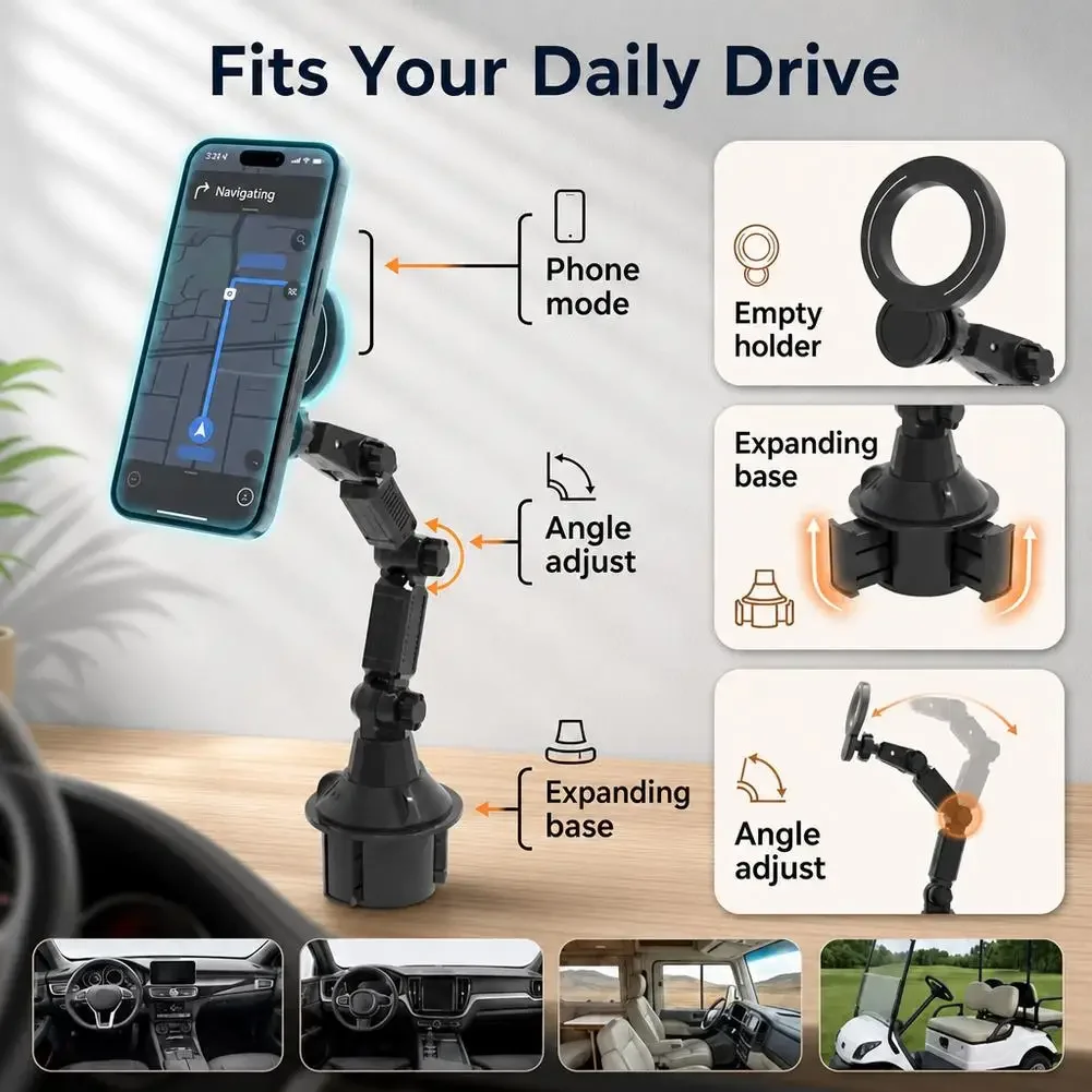 Car Cup Holder Phone Mount, Magnetic Long Arm Cell Phone Holder for Car, 360 Rotatable Mechanical Foldable Phone Bracket Amagi