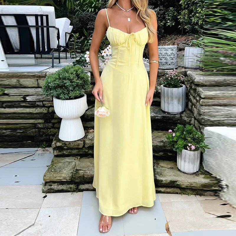 

European and American style women's summer new sexy one-line collar fold waist slimming halter dress