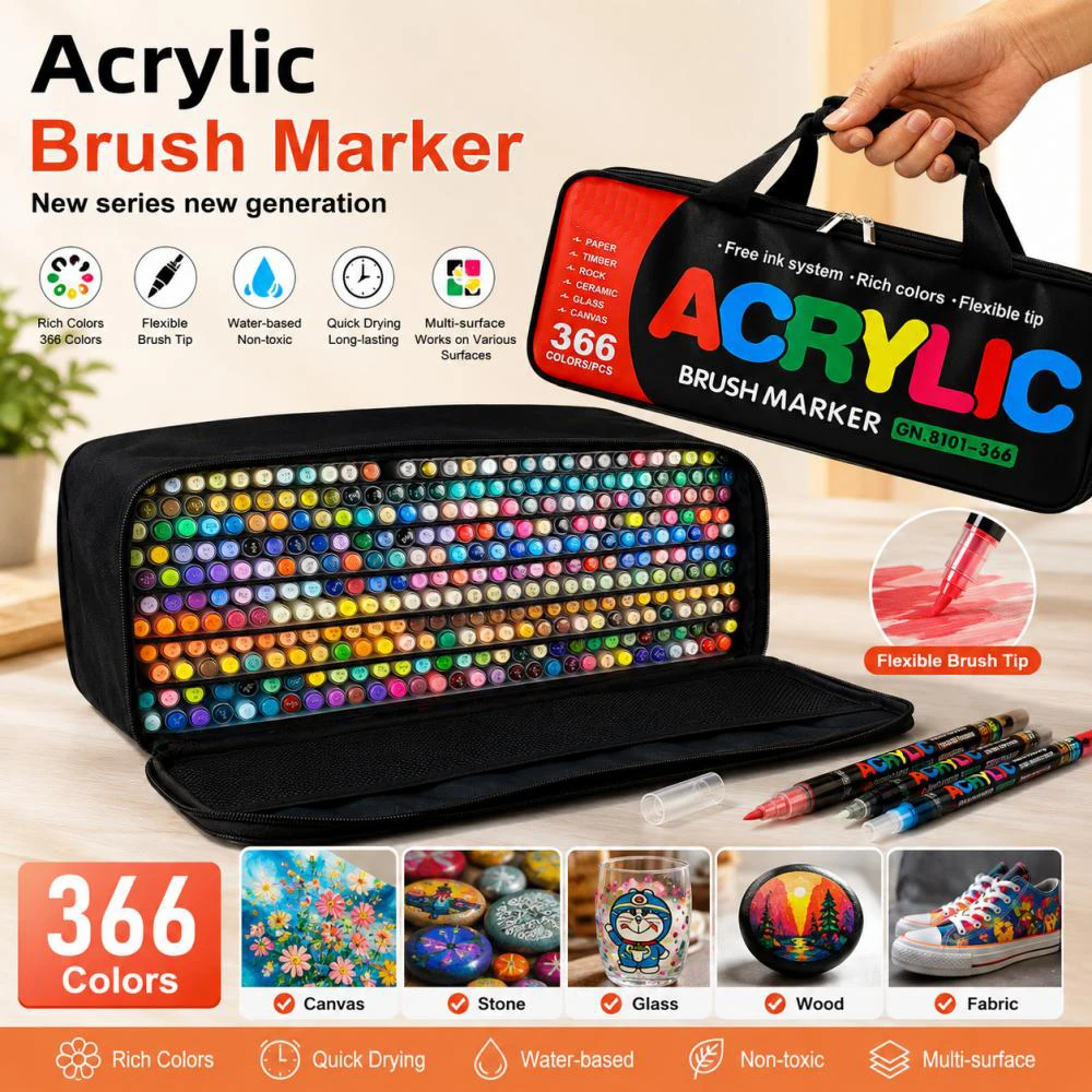 

366 Colors Acrylic Paint Pen Marker Brush Tip Paint For Rock Wood Fabric Canvas Stone Ceramic Glass Adult Coloring DIY Craft
