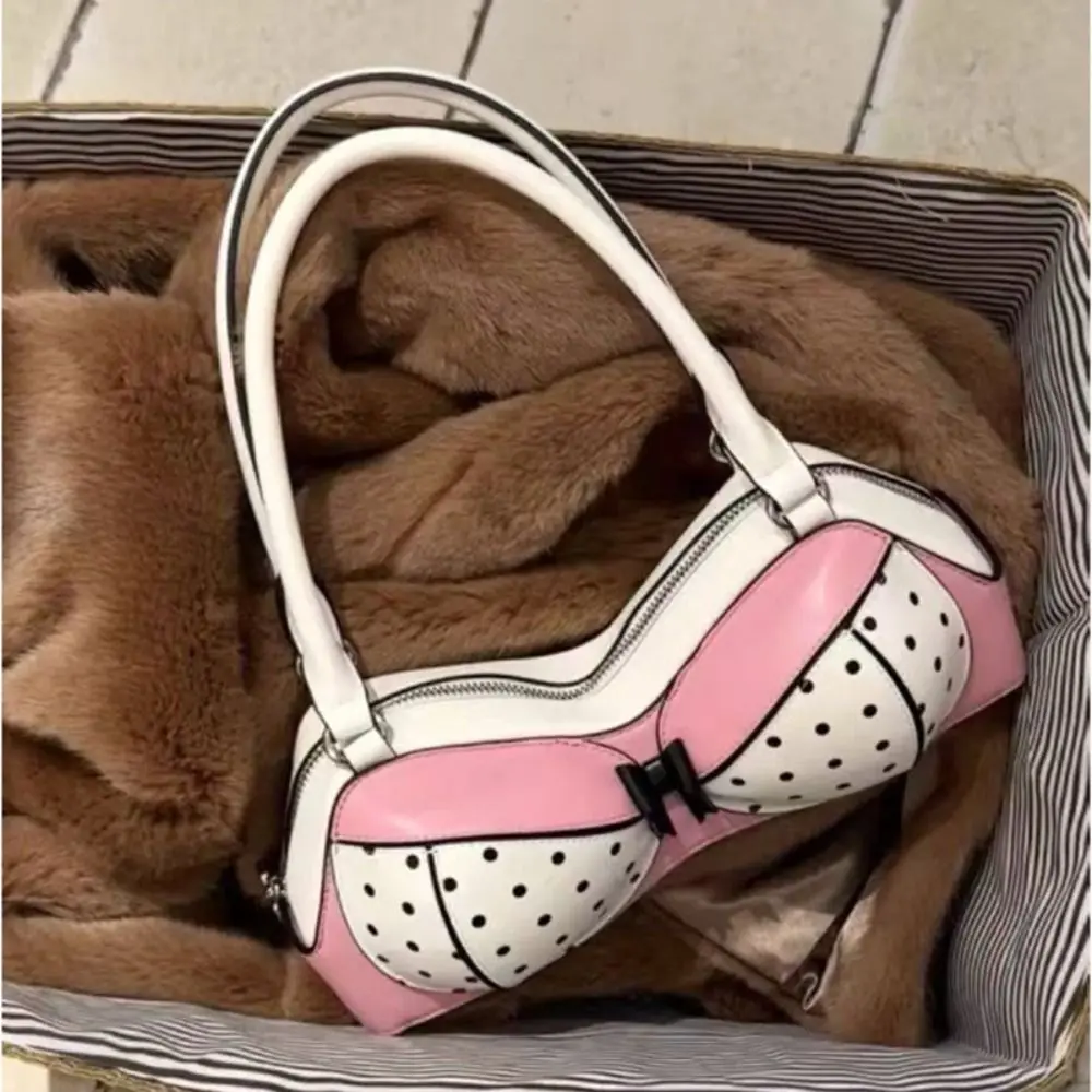 Sweet Korean Style Polka Dot Bra Shoulder Bag Bra Shape Harajuku Underarm Bag Bow Spicy Girl Pink Bikini Handbag Travel Bag
