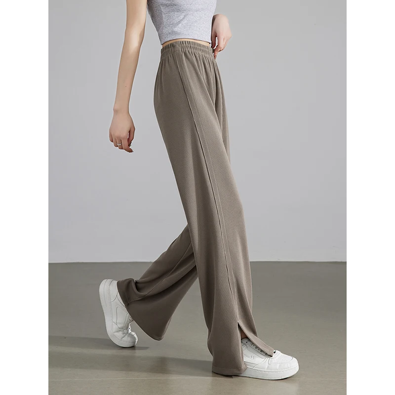 TOYOUTH Women Casual Pants 2024 Summer New Open Slit Straight Wide Leg Trouser Long Pants