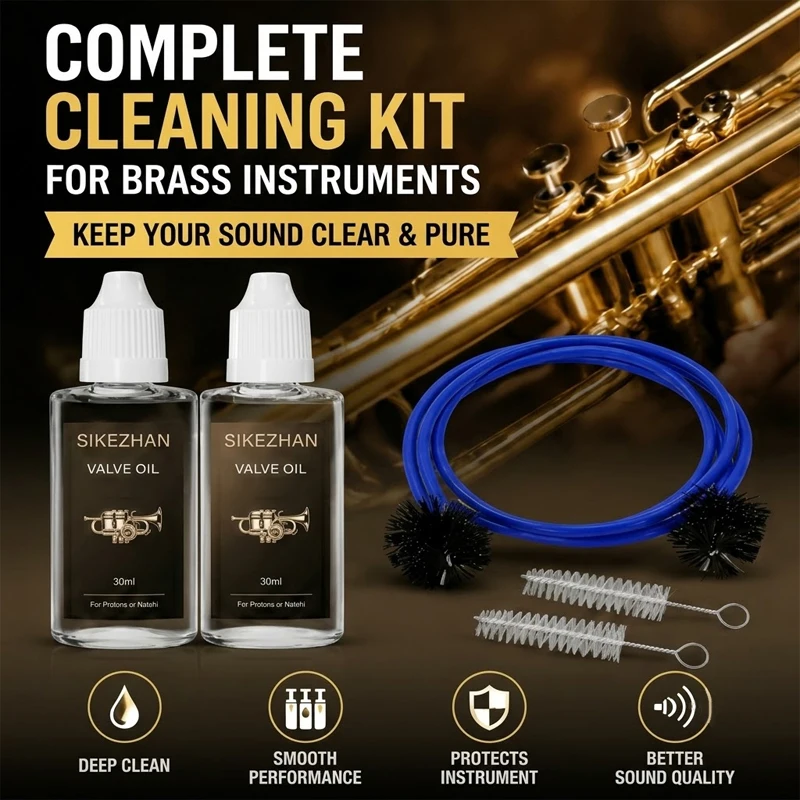 Professional Brass Instrument Cleaning Kit Valve Oil and Flexible Snake Brush Set for Trumpet Cornet and Trombone Maintenance