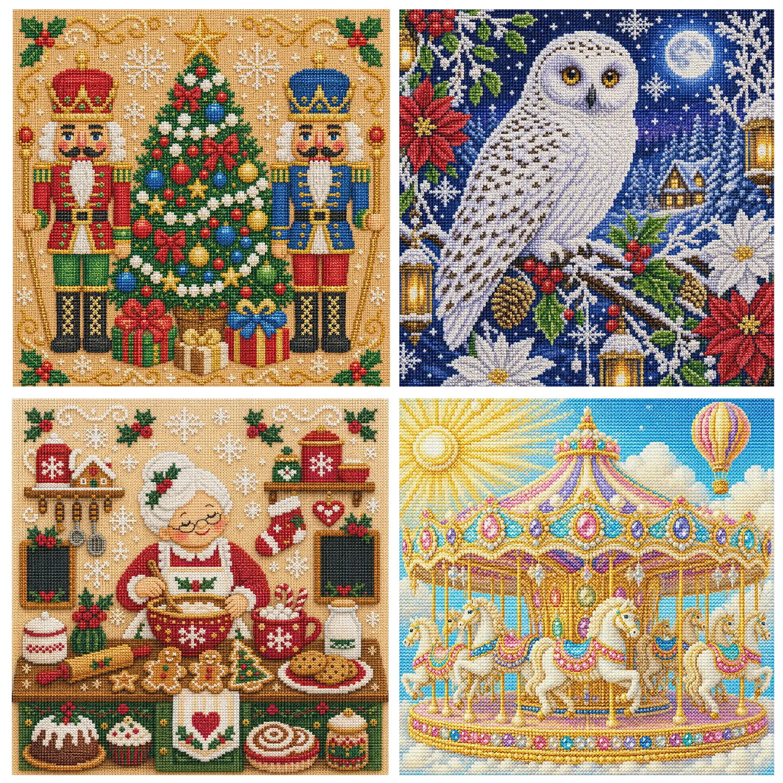 14CT Stamped Cross Stitch Christmas Embroidery Kit Printed Fabric Cotton Thread 45x45cm Holiday Needlework Set