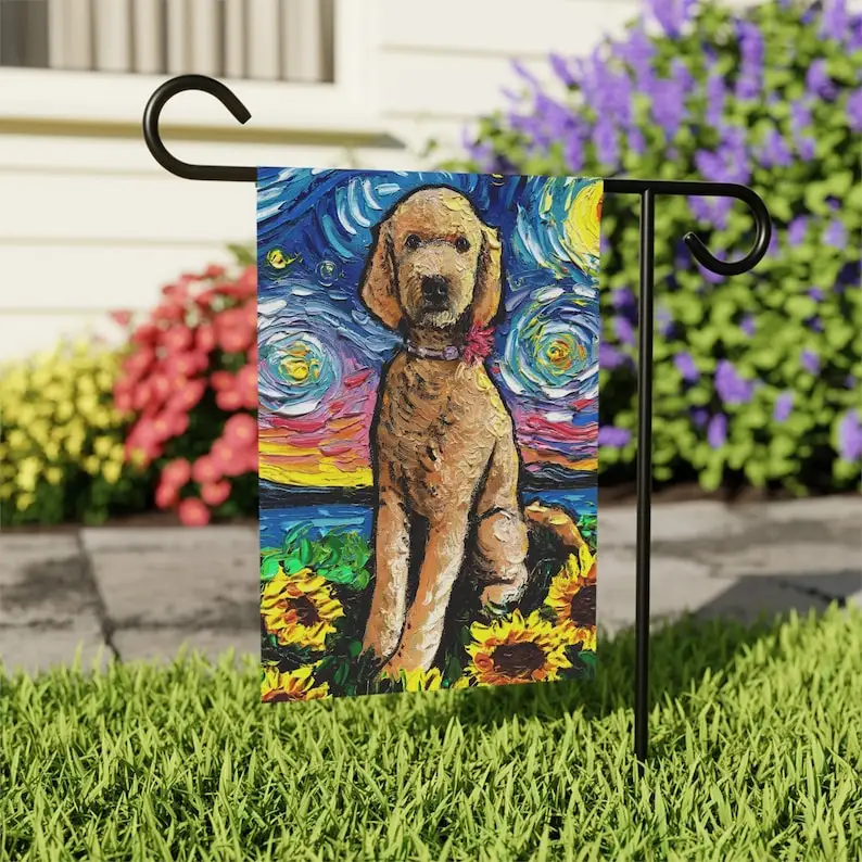 Goldendoodle And Sunflowers Starry Night Yard and House Flags Double Sided Printing Art By Aja Outdoor Decor Lawn Garden Decorat