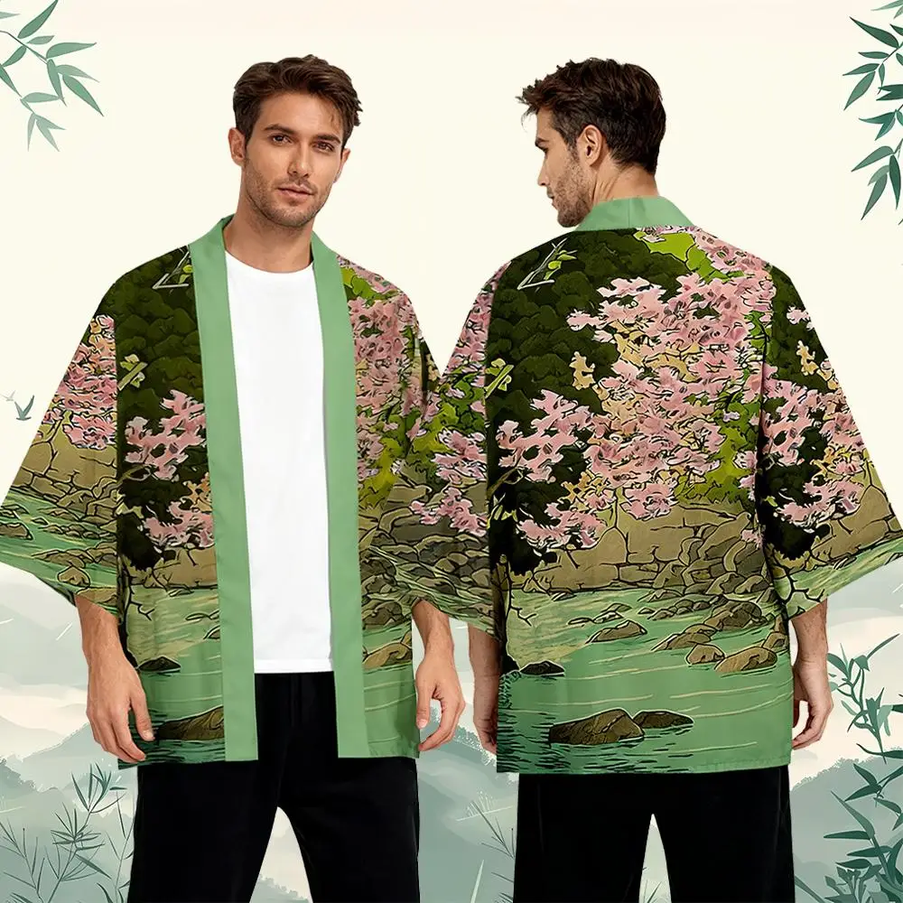 Cherry Blossom Pattern Japanese Style Kimono Unisex Loose Comfortable Yukata Fashion Vintage Casual Harajuku Street Cardigan