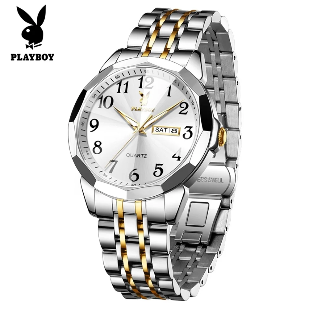 

PLAYBOY 3532 Quartz Men's Watch Digital Scale Stainless steel Watch Band Dual Calendar Display Men's Wristwatch
