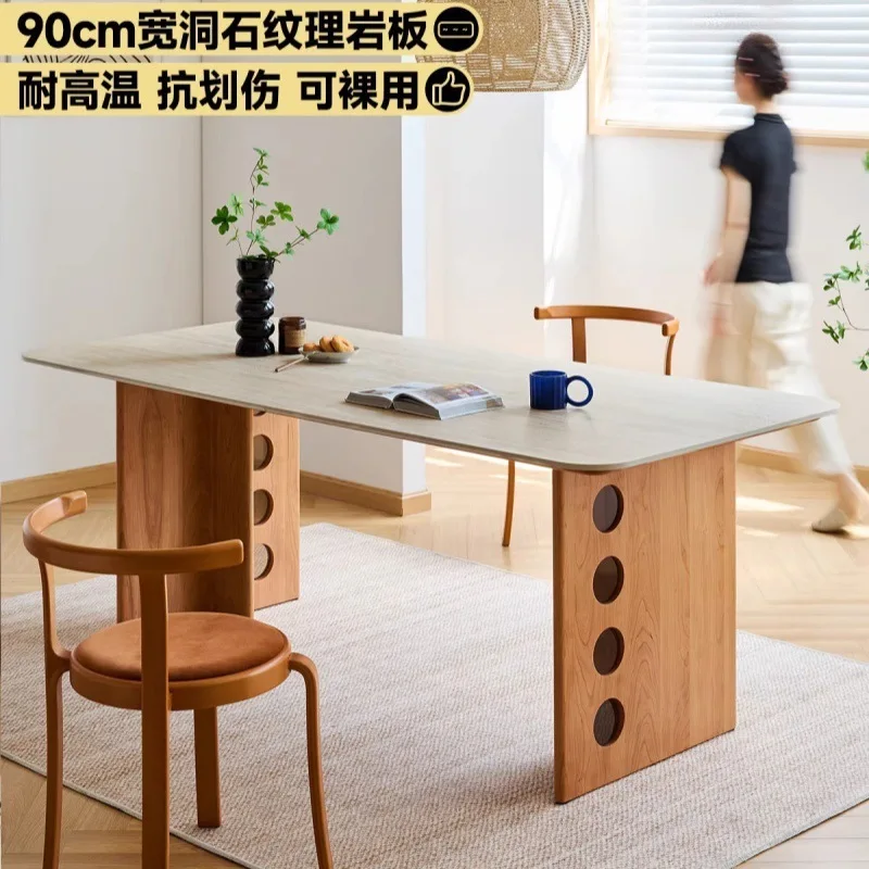 Medieval slate dining table, household small apartment dining table, cherry wood workbench, all solid wood dining table and chai