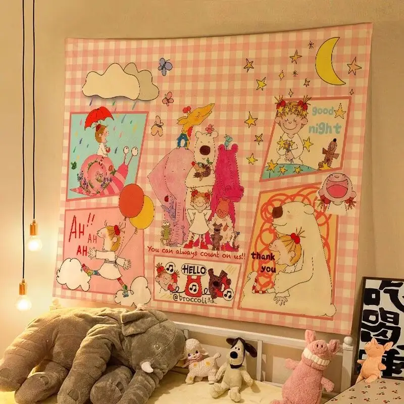 Kawaii Oil Pastel Cartoon Wall Tapestry, Soft Storybook Fabric Art for Kids Room, Cute Pastel Hanging Background for Nursery