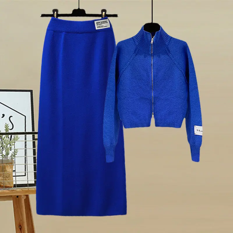 Klein Blue Set Skirt Sweater Two Piece Skirt Double Zipper Cardigan Bodycon Split Half Skirt Two piece Set for Women