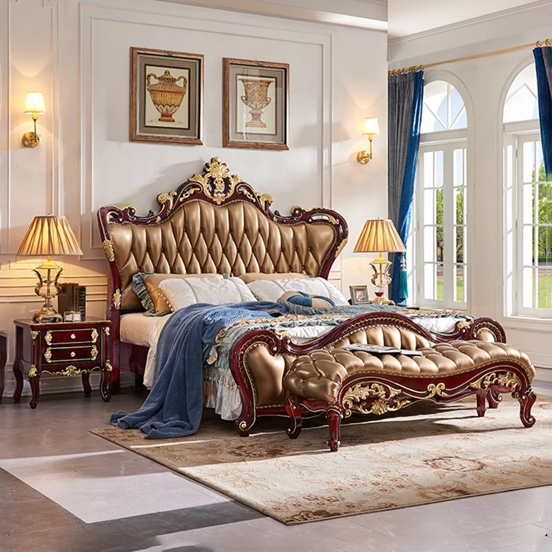 

European solid wood bed 1.8M first-layer cowhide double wedding bed master bedroom luxury villa red sandalwood