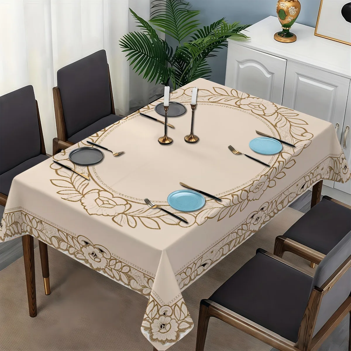 Elegant mink lace tablecloth, suitable for restaurants. Rectangular vintage floral border with oval center pattern.