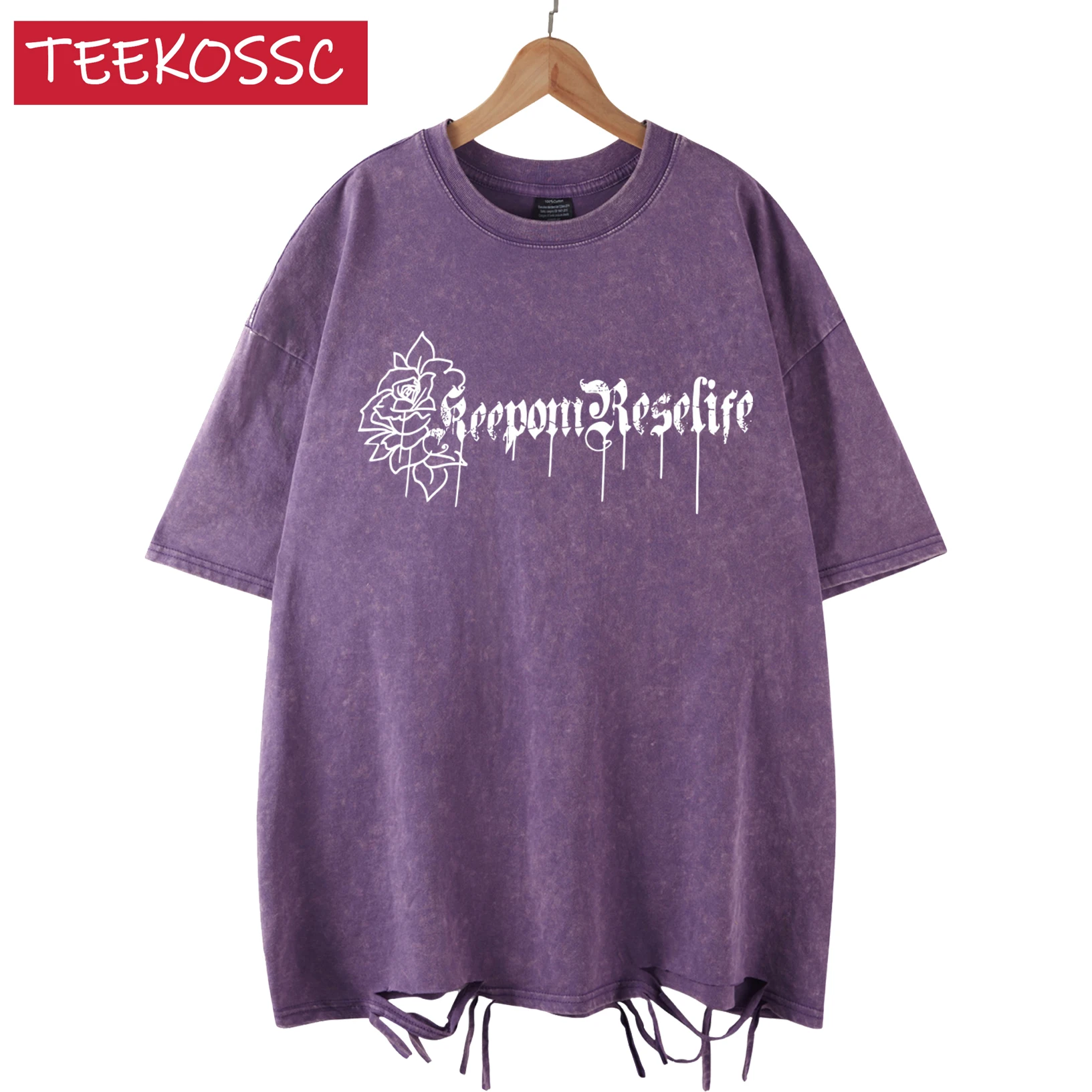 Blumen- und Buchstabendrucke, gewaschene Löcher, Herren-T-Shirts, lässiges Baumwoll-T-Shirt, bequemer Rundhalsausschnitt, Unisex, Vintage-Kleidung