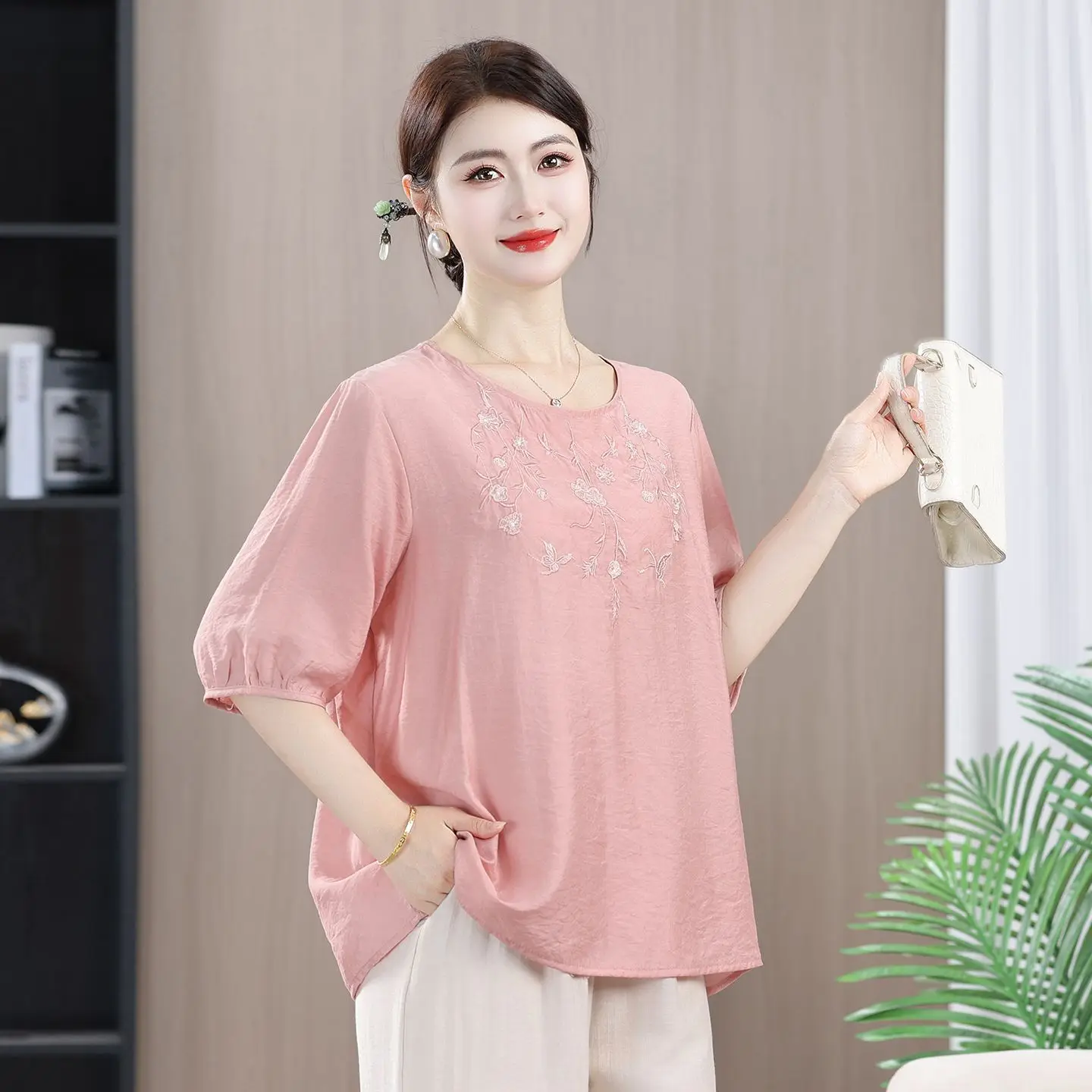 Pink Floral Embroidered Loose Blouse Women Short Sleeve Puff Sleeve O Neck Casual Summer Top Cotton Blend Lightweight Shirt