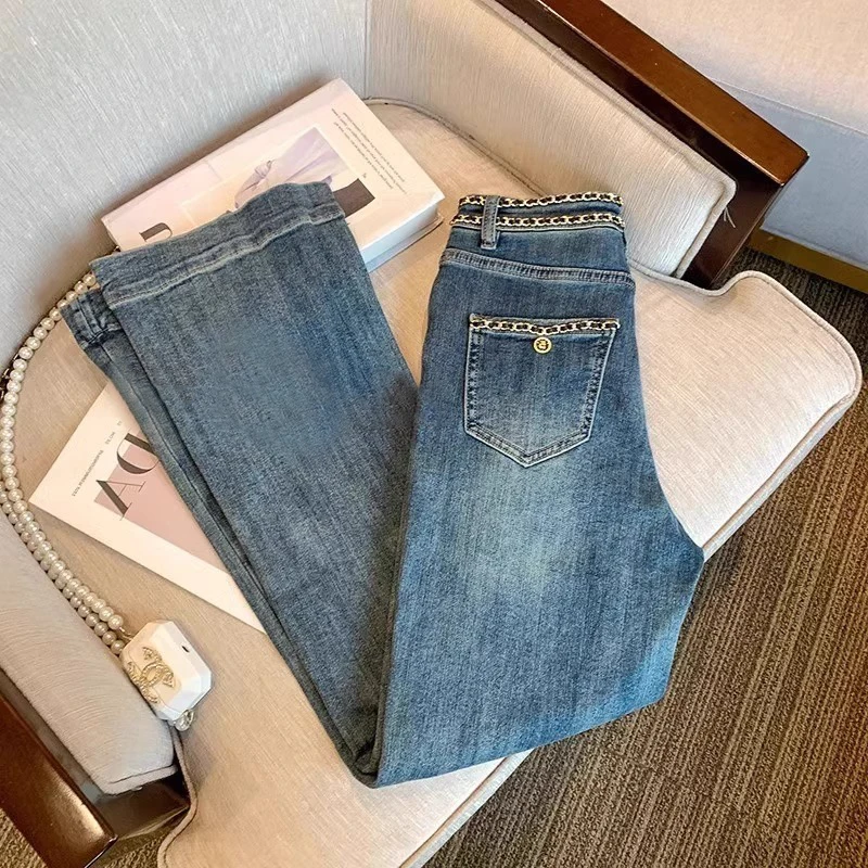 Faionable Hoge Taille Geweven Keten Denim Jeans Casual Rechte Pijpen Broek voor Vrouwen Herfst Winter Koreaanse Sle Wijde Pijpen Broek