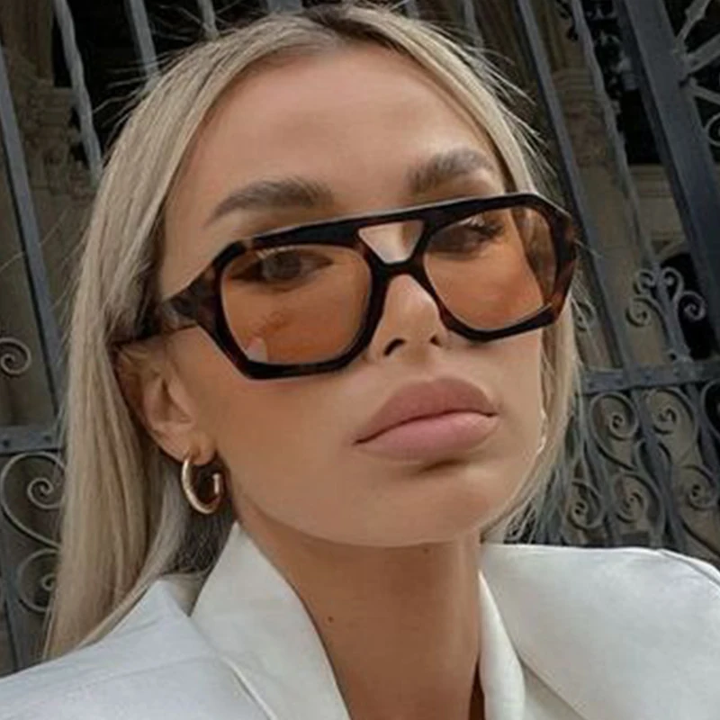 Leopard Blue Square Sunglasses Women Retro Double Bridge Luxury Brand Sun Glasses Female Fashion Shades Eyewear Oculos De Sol