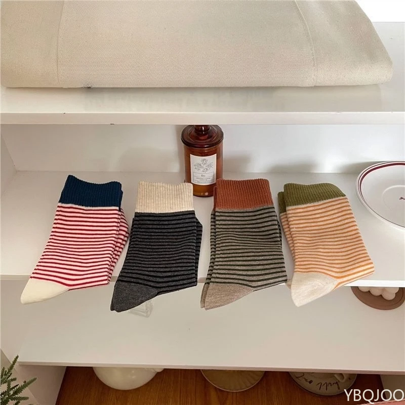 

4 пары полосатых носков, весенне-осенние носки из чистого хлопка с защитой от запаха, простые удобные впитывающие пот повседневные носки