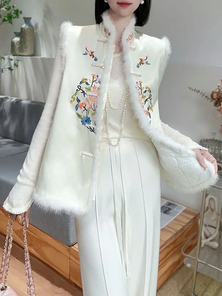 2024 new chinese style women white  embroidered cotton vest suit autumn winter fashion jacket woman tangsuits vest tangsuit coat