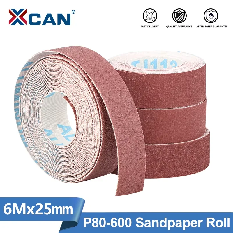 XCAN 1/4/5/6 Schleifpapierrolle, 6 Meter, 25 mm Breite, Schleifpapier, Schmirgelleinenrolle, Körnung 80, 150, 240, 320, 400, 600, Polierstift