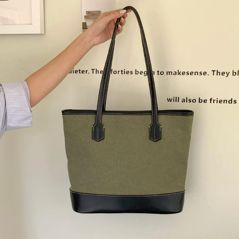 

Vintage Simple Shoulder Bag Large Capacity Canvas Leather Handle Bag for Women Comfortable and Versatile Texture Storage Bags