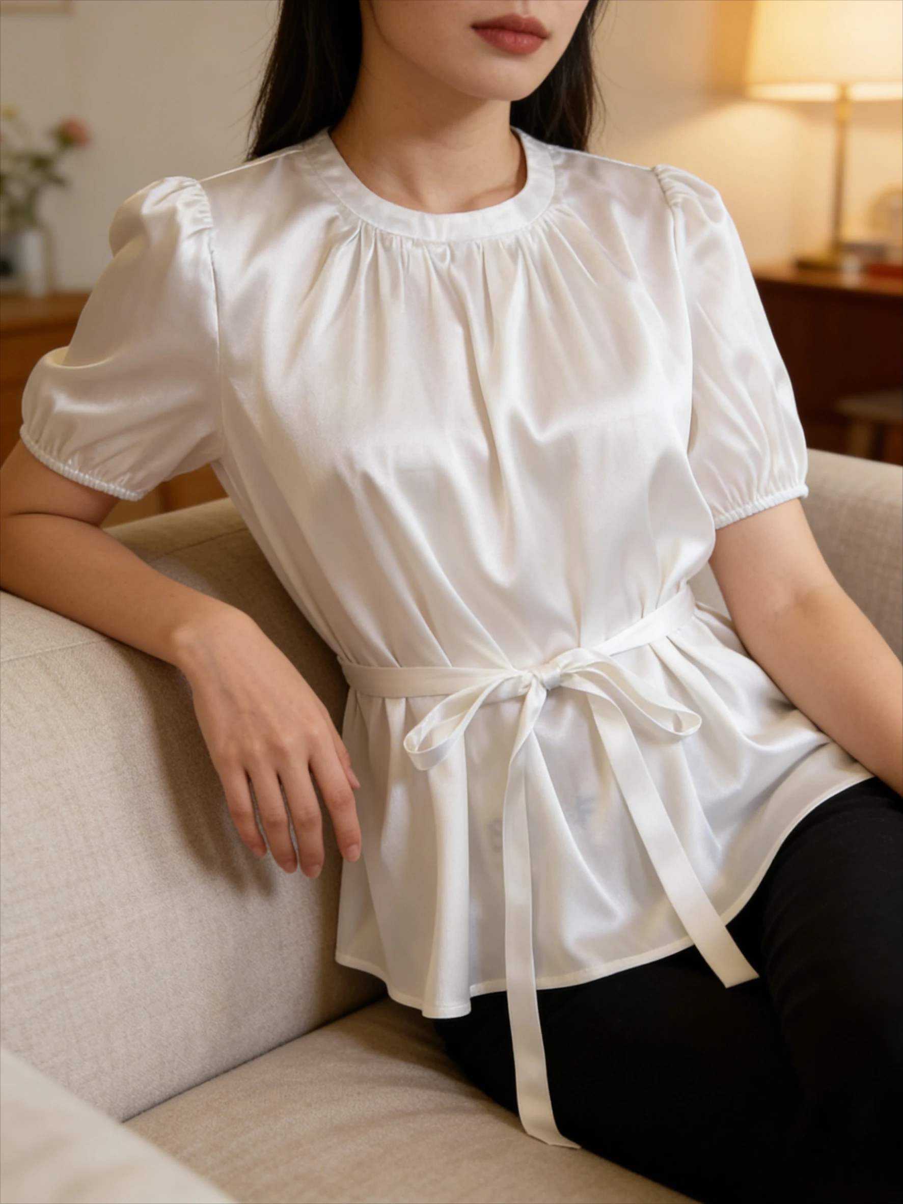 Minimalist White Satin Blouse Round Neck Short Sleeve Tie Waist Flared Hem Casual Daily Wear Top