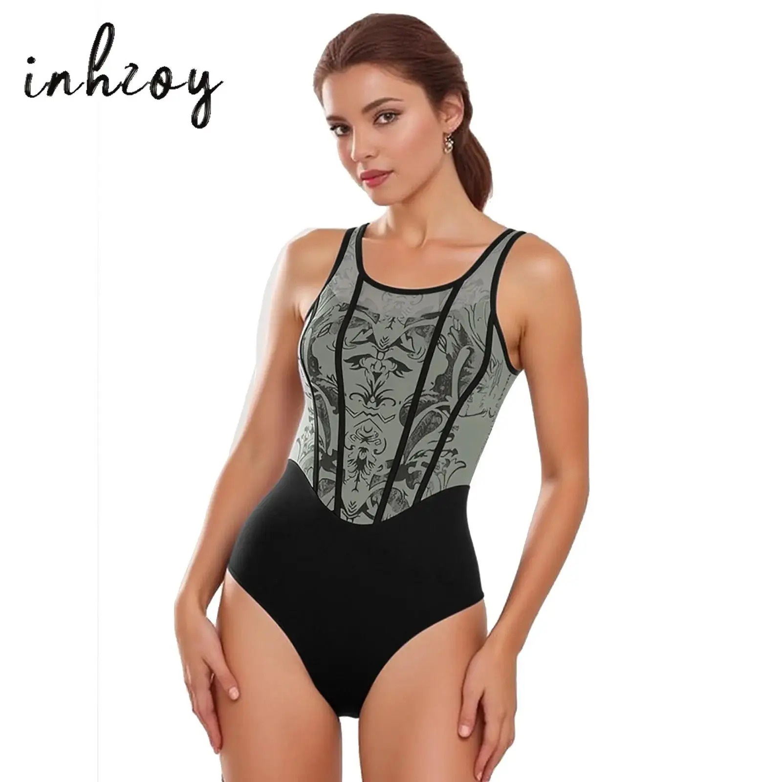 

Womens Gymnastics Leotard Ballet Dance Bodysuit Floral Mesh Layer Sleeveless Backless One-piece Jumpsuit for Yoga Dance Training