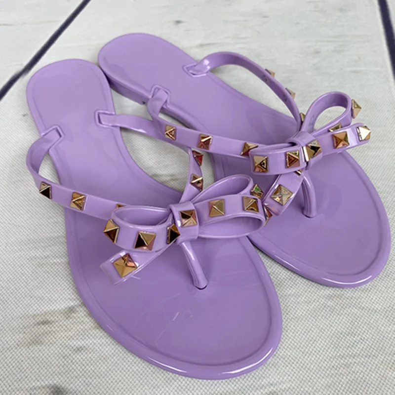 Women Bow-Knot Slippers Flat Shoes Lock Studded Rivets Purple Watermelon Red Outdoor Pvc Plastic Slides 36-42 26cm Cheap Pricing