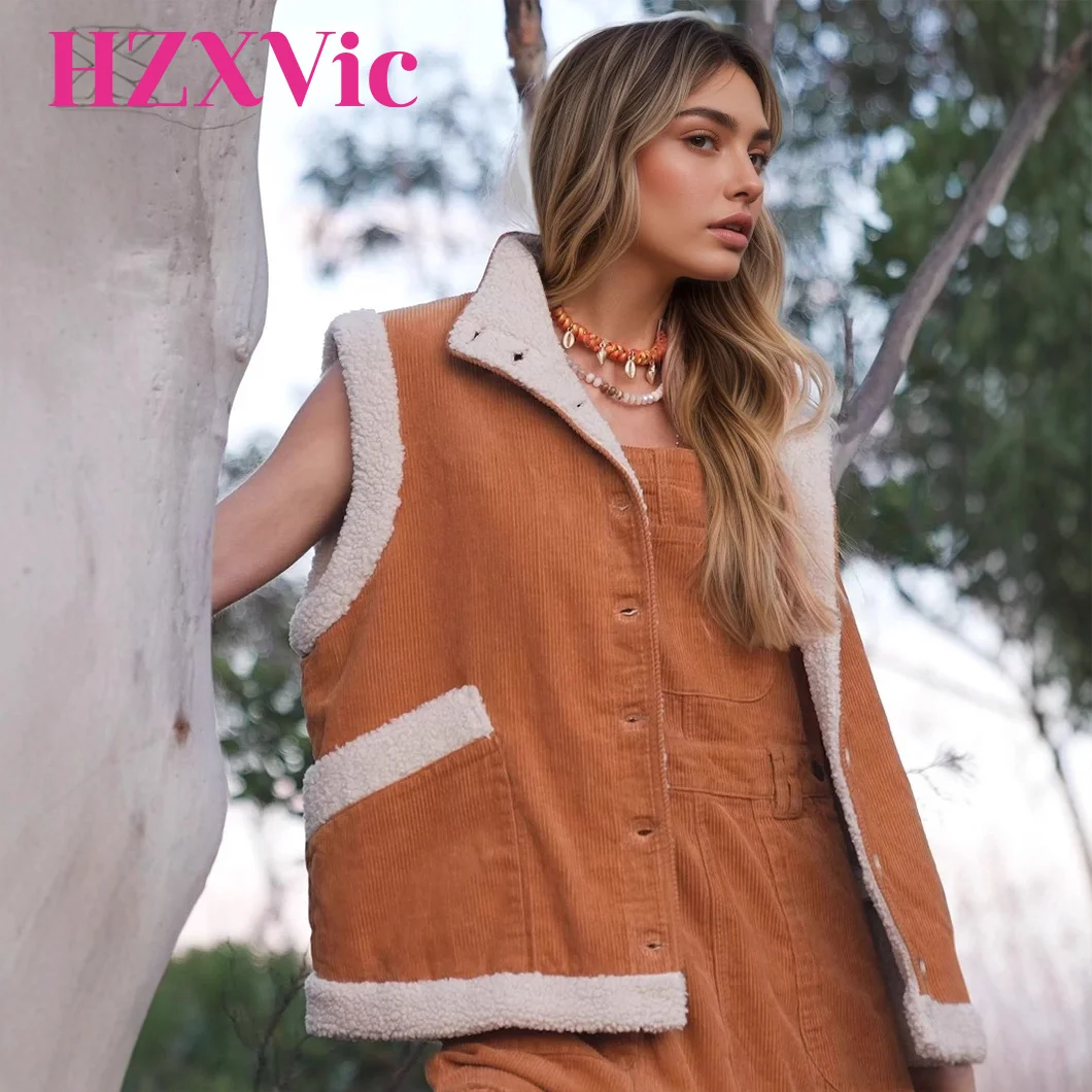 

HZXVic Sleeveless Vest Autumn/Winter Warm Fur Fashion Coat Vertical Corduroy One Piece for Women