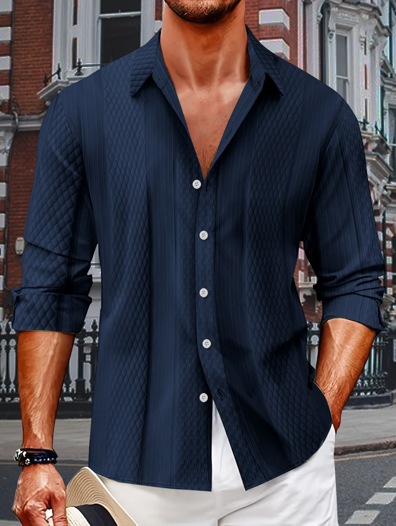 2024 spring and autumn new men's jacquard shirt lapel single-breasted long-sleeved shirt office casual shirt