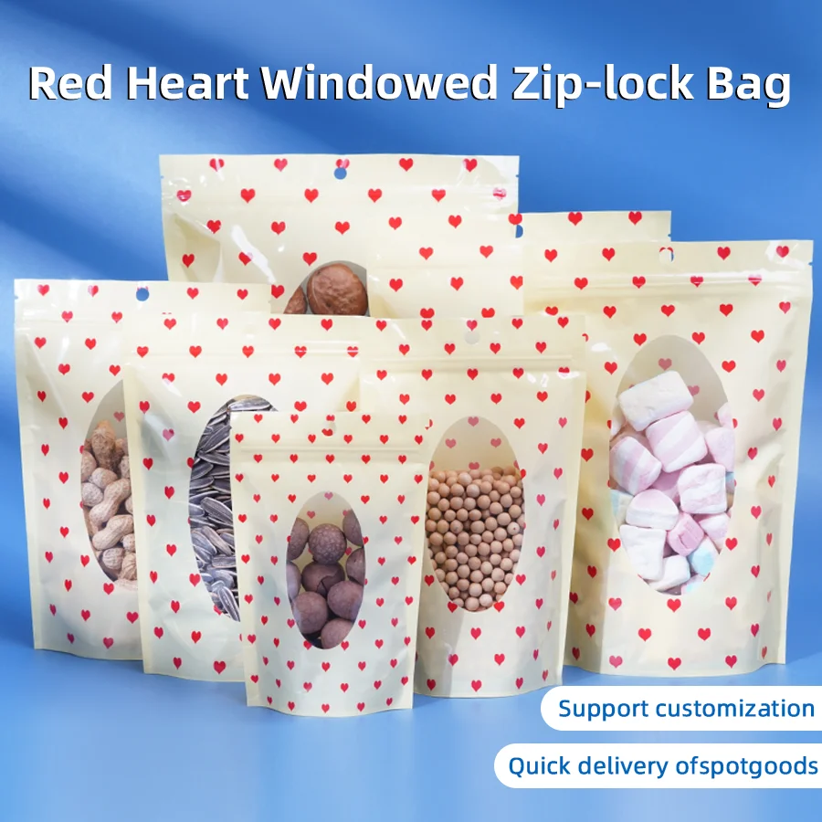 

100pcs Red Heart-Shaped Stand-Up Bags with Window - Keep Snacks Fresh, Perfect for Candy, Jewelry & Party Favors