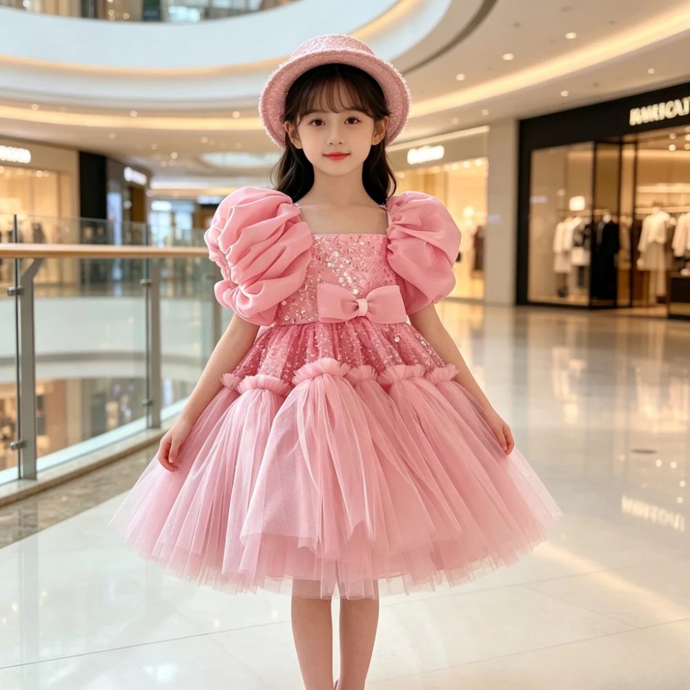 Girls Princess Formal Dress Puff Sleeve Sequin Puffy TulleFlower Girl Pageant Children Gown Pink Big Bow For Birthday Party