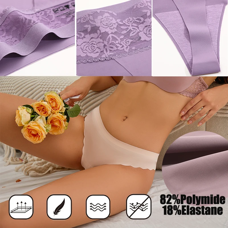 2PCS Women Seamless Panties Lace Sexy Back Waist Smooth Thongs Low Rise Solid Color No-Show Scallop Hiphugger Soft Lingerie