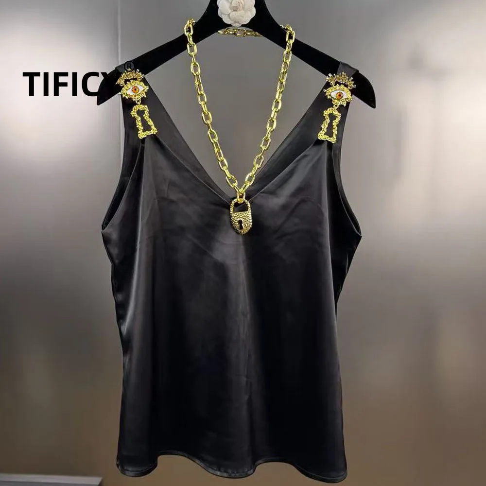 

High Street Tanks Tops Women's New Heavy Industry Metal Shoulder Strap with Necklace Versatile Loose Interior Design Tank Top