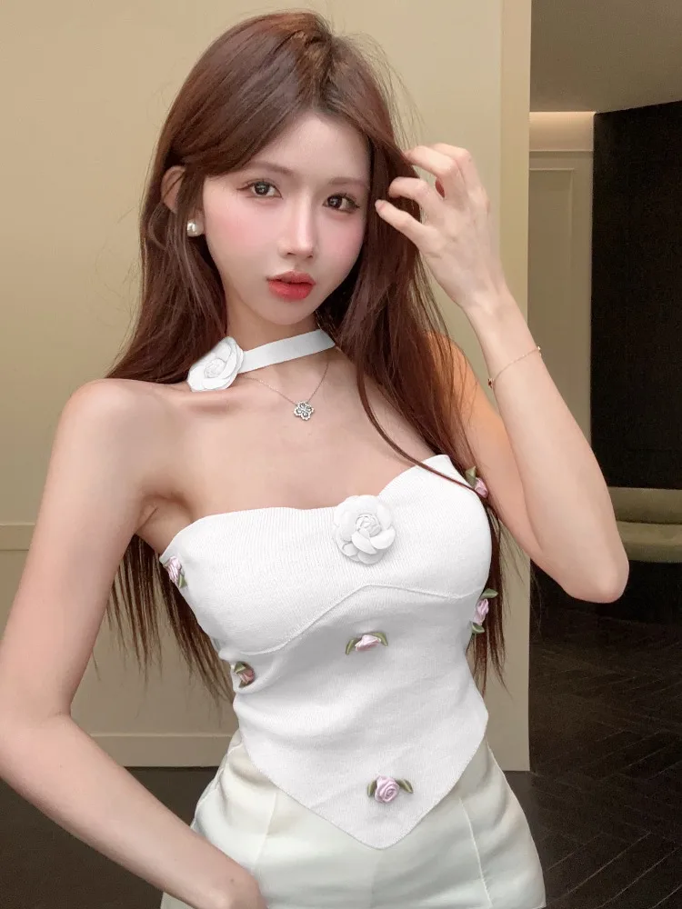 

Sexy Neck Hanging Strap Vest Women's Spring Pink Slimming Pure Desire Short Wrap Chest Top Floral 3D Design Skin-friendly Bre...