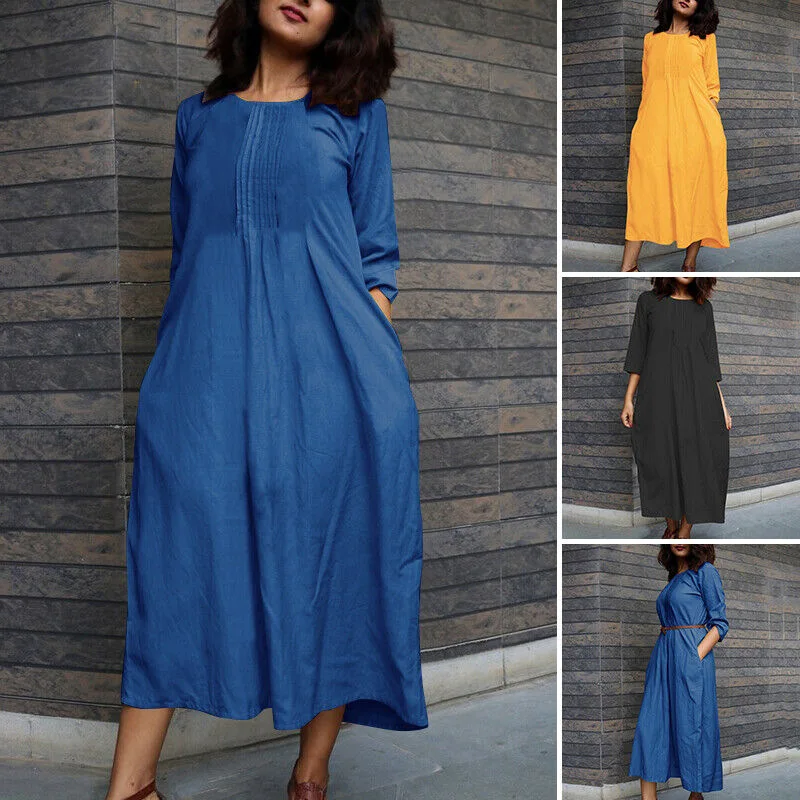 Women\'s clothing long dress cotton linen long sleeved western-style age reducing round neck casual pocket dress plus size