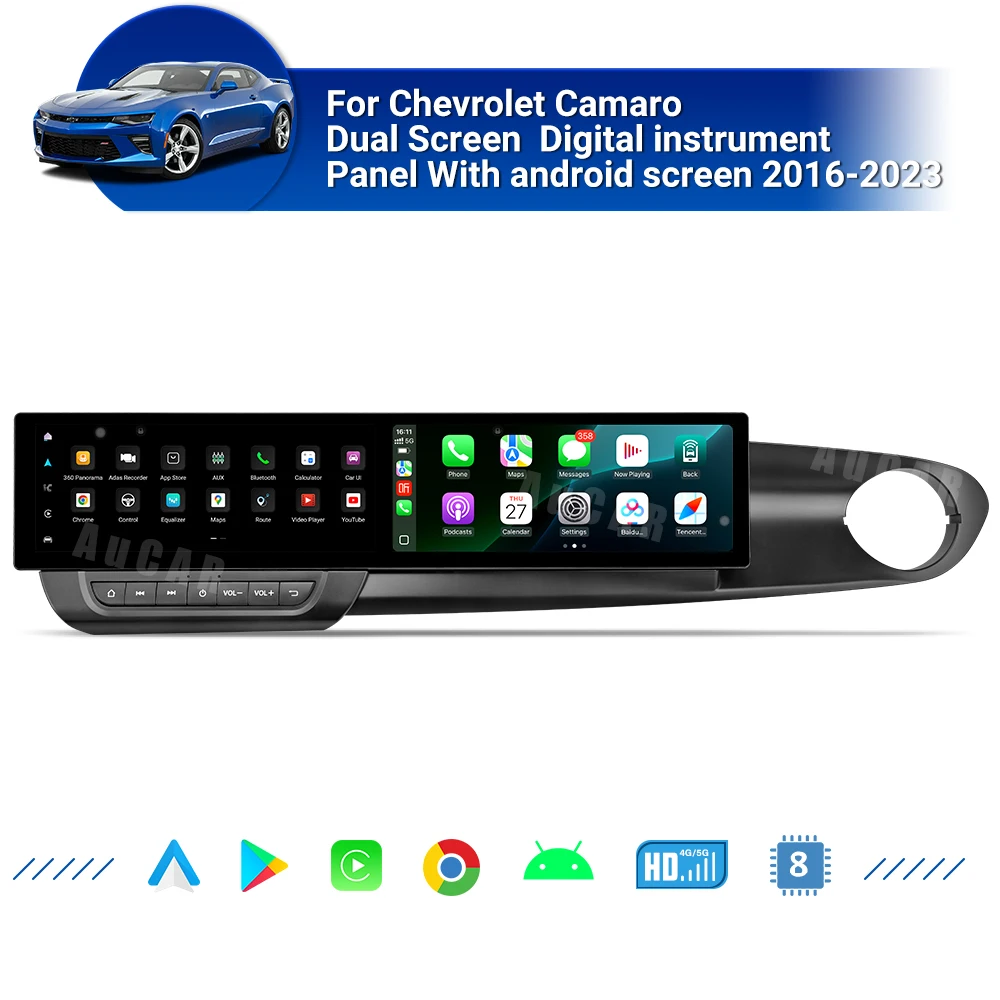 AuCar 12.3 Inch Dual Screen Android 13.0 Digital Instrument Panel With Android Screen Car Radio For Chevrolet Camaro 2016-2023