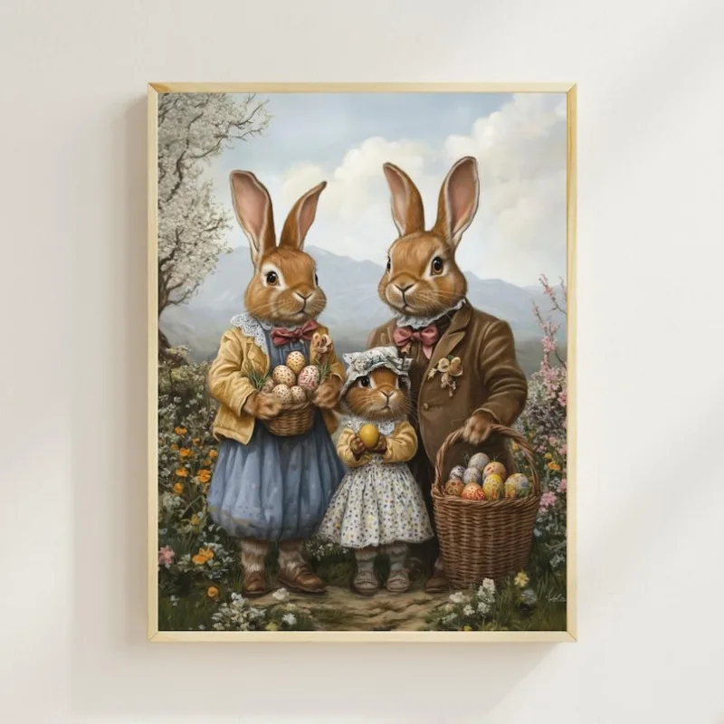 

Easter Bunny Family Wall Art, Vintage Easter Decor, Spring Rabbit Illustration, Farmhouse Easter Poster, Nursery Animal Art Deco