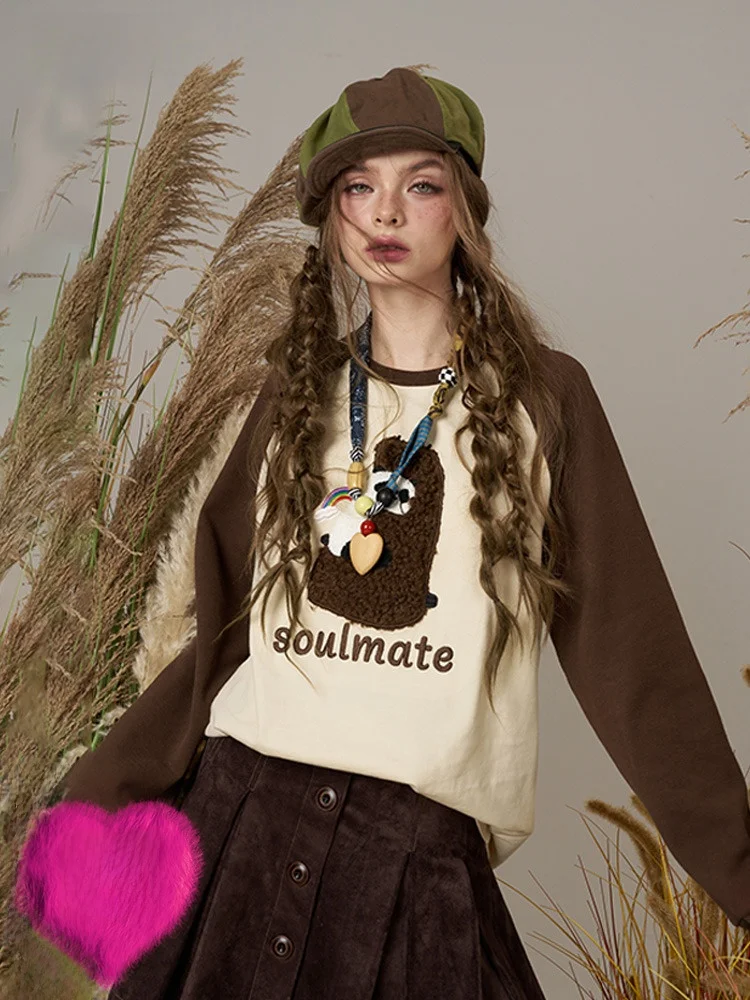 

Dopne ing Animal Print Long Sve oulder Insert T-irt Women Winter Design Casual Loose Fit Cotton Blend Top