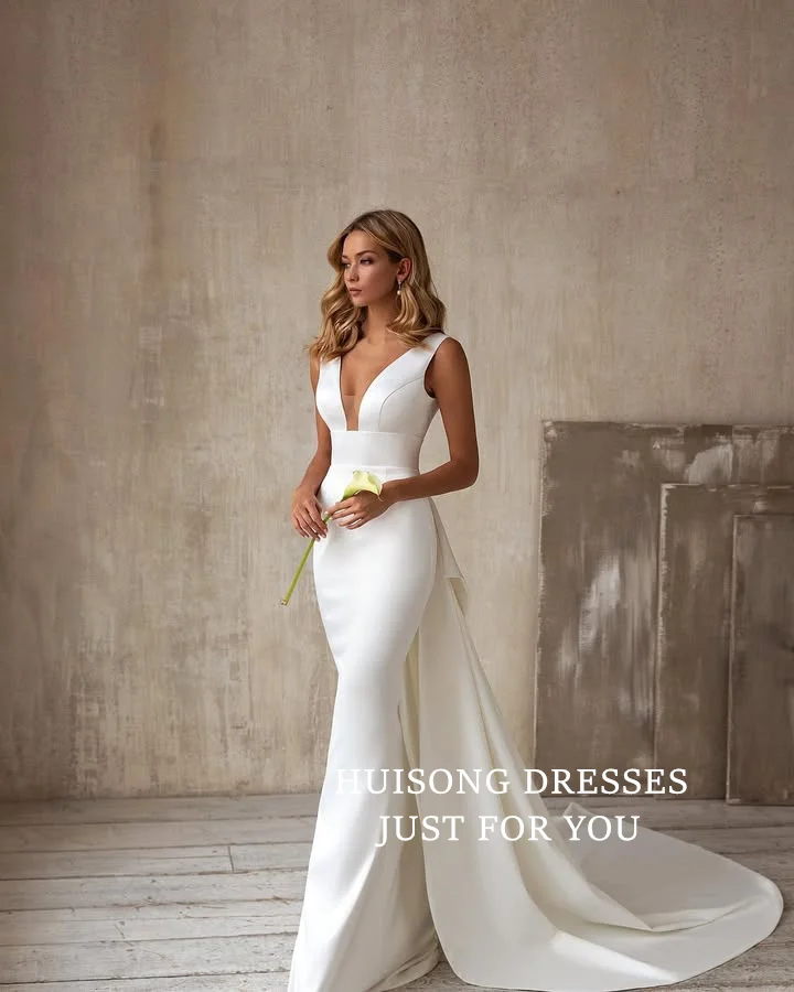 

HUISONG Customized Simple Satin Mermaid Wedding Dresses with Big Bow Sleeveless Beach Bridal Gown vestidos de novia