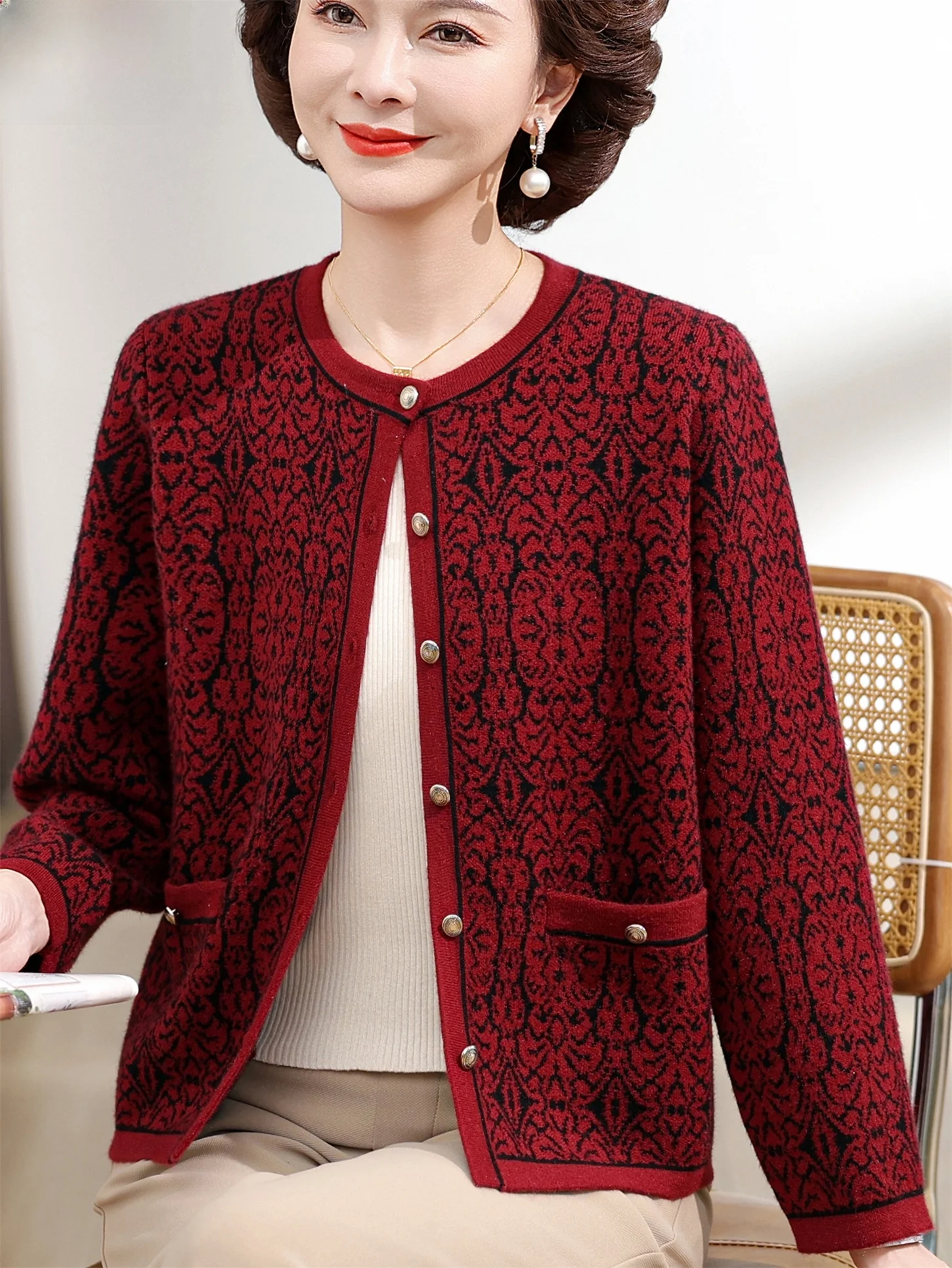 

Loose Woolen ort Open Cardigan round Ne Mommy Sle Autumn Faion Outerwear for Middle-Aged And ly Women