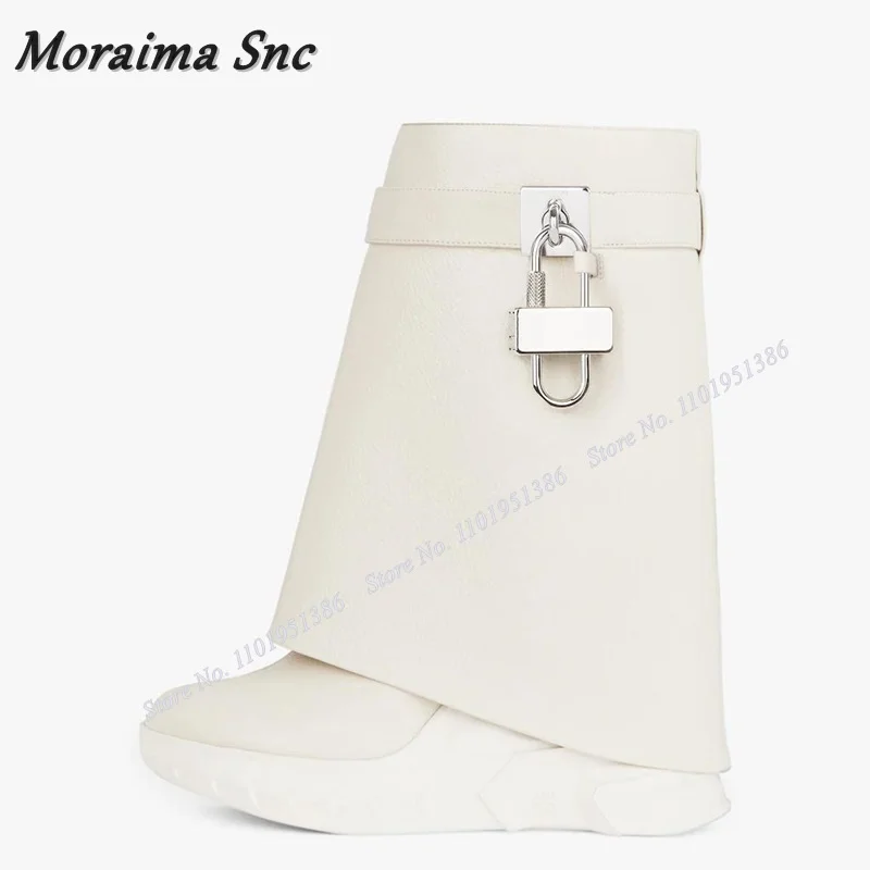 

Moraima Snc White Slip on Lock Decor Boots Thick High Heel Boots Mid Calf Round Toe Shoes for Women Heels New Zapatillas Mujer