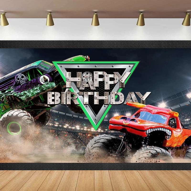 Truck Themed Happy Birthday Party Photography Backdrop Monster Car Grave Digger Vehicle Cool Unique Red Green Background Decor