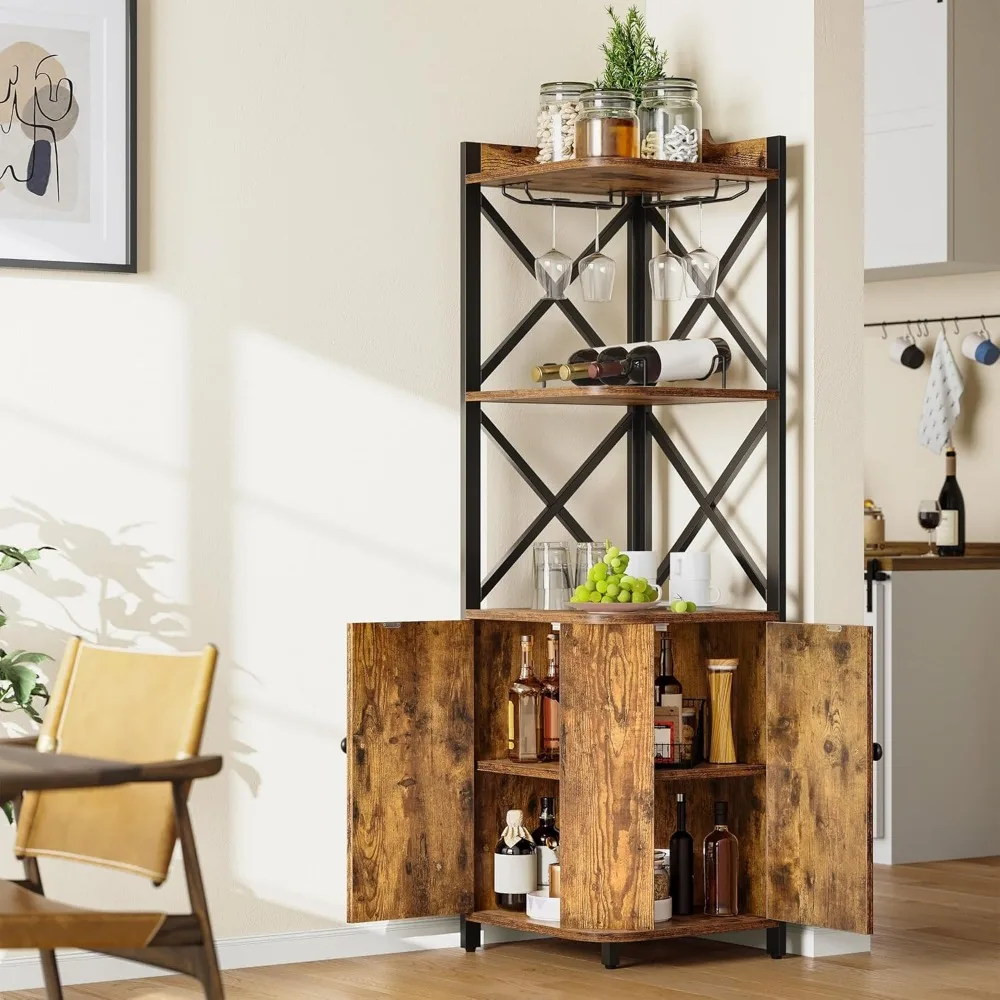 Industrial Style Corner Bar Cabinet with Glass and Wine Storage, 5-Tier Liquor Shelf for Home