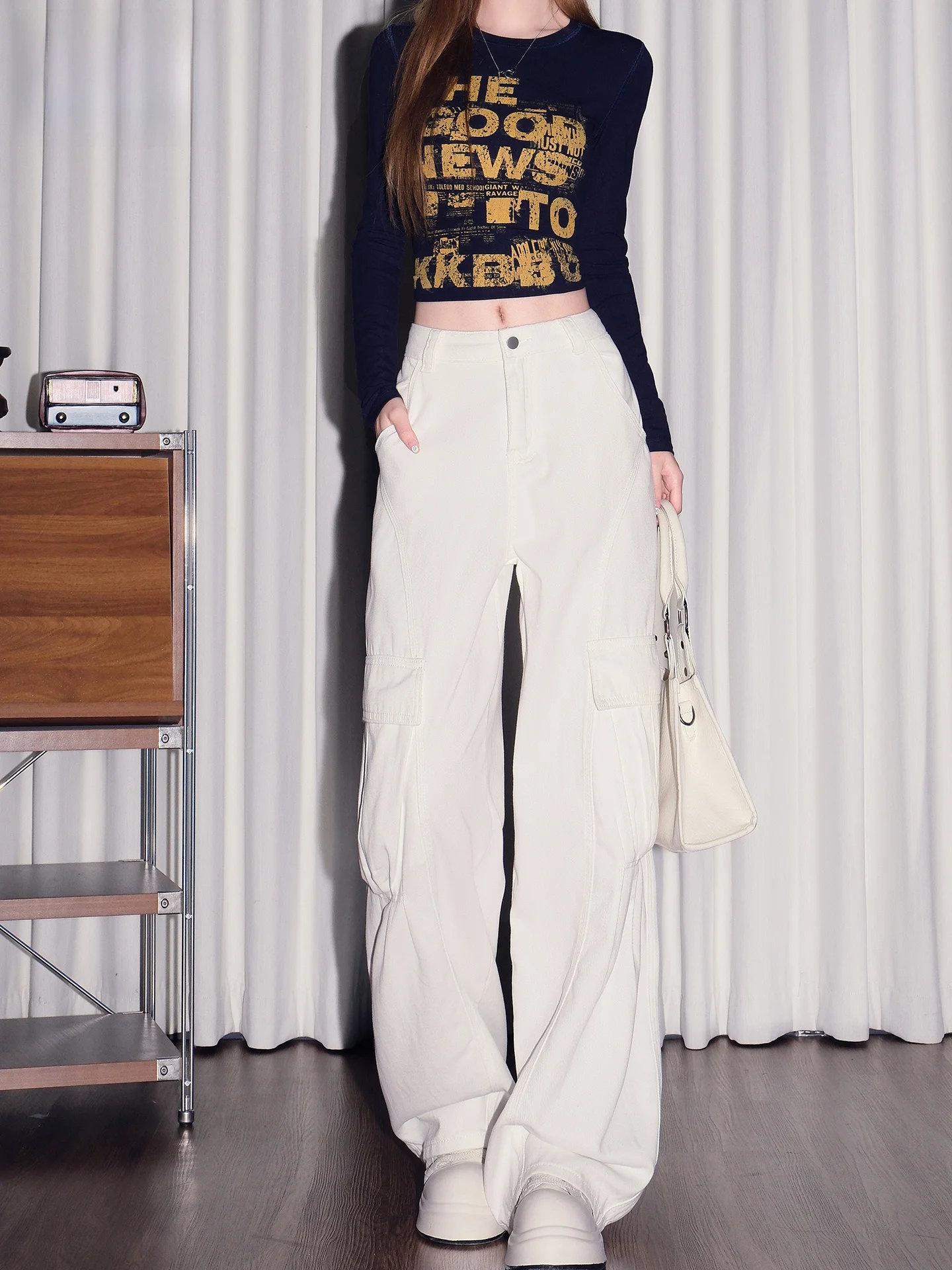 

Ретро джинсы свободного кроя с прямыми штанинами, женские летние утягивающие брюки-карго с широкими штанинами, повседневные, с высокой талией, из хлопка и полиэстера