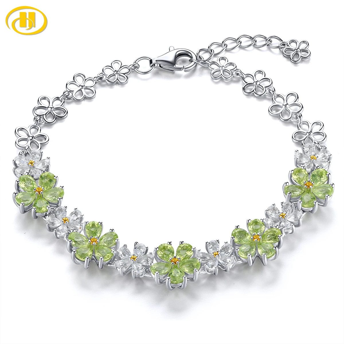 Natural Peridot Solid Sterling Silver Bracelet 6.2 Carats Genuine Gemstone Flower Design Romatic Elegant Design S925 Rhodium