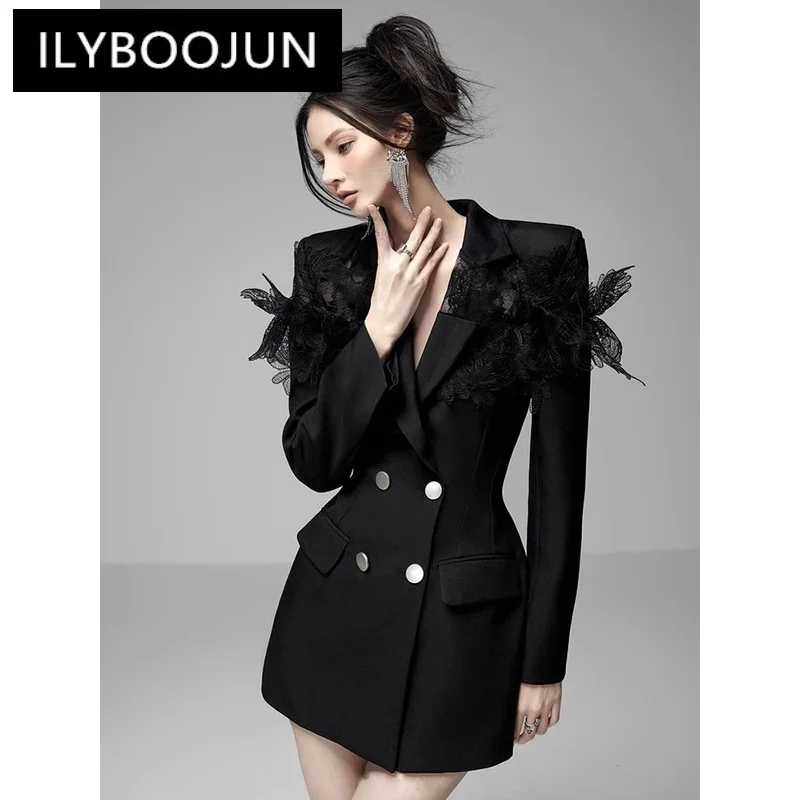 ILYBOOJUN Colorblock Temperament Blazers For Women Notched Collar Long Sleeve Patchwork Double Breasted Slim Blazer Female