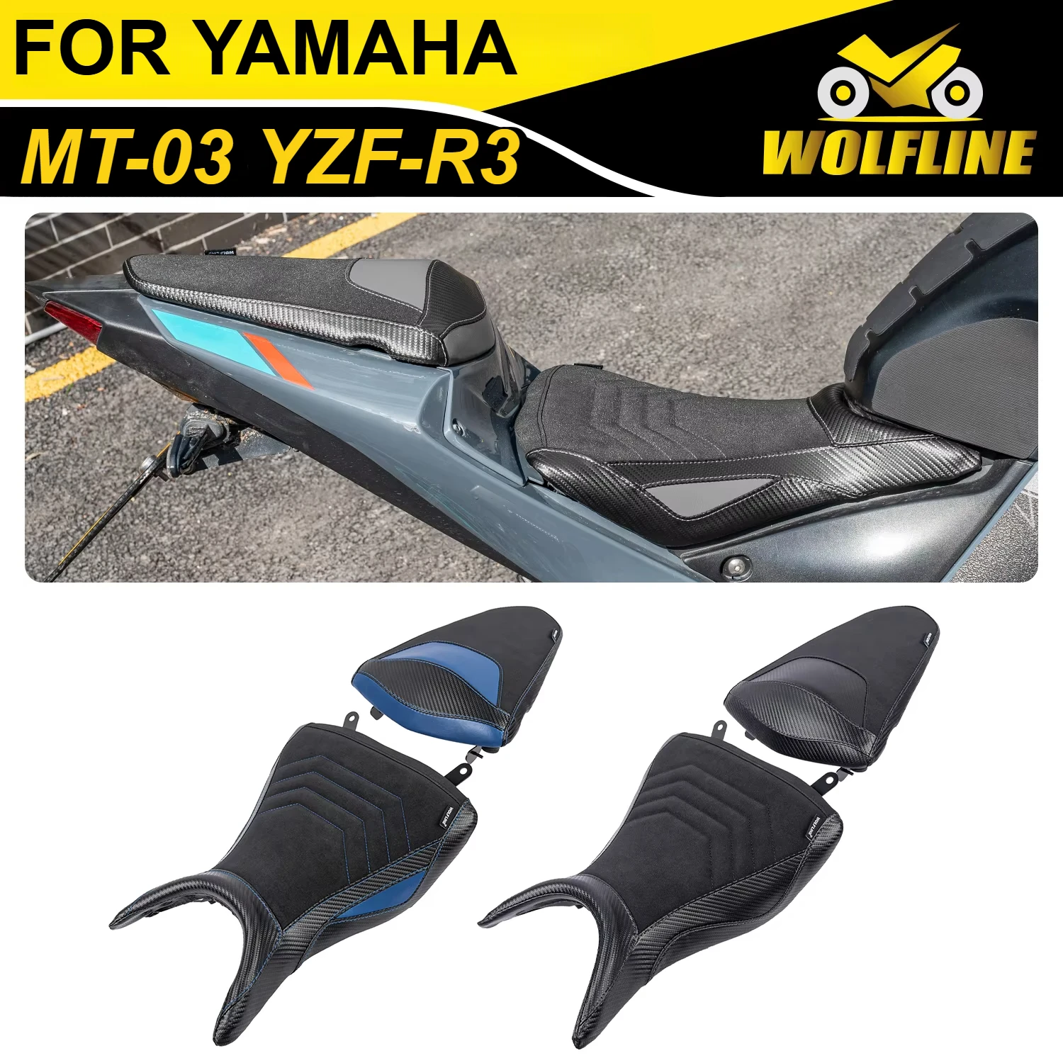 Wolf Line Motorcycle Front Seat Passenger Pillion Pad for Yamaha MT-03 YZF-R3 2015-2024 2016 2017 2018 2019 2020 2021 2022 2023