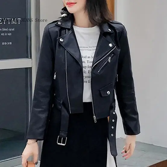 Autumn and Winter Women\'s Pocket Decoration British Casual Style Faux Leather Red and Black Leather Jacket